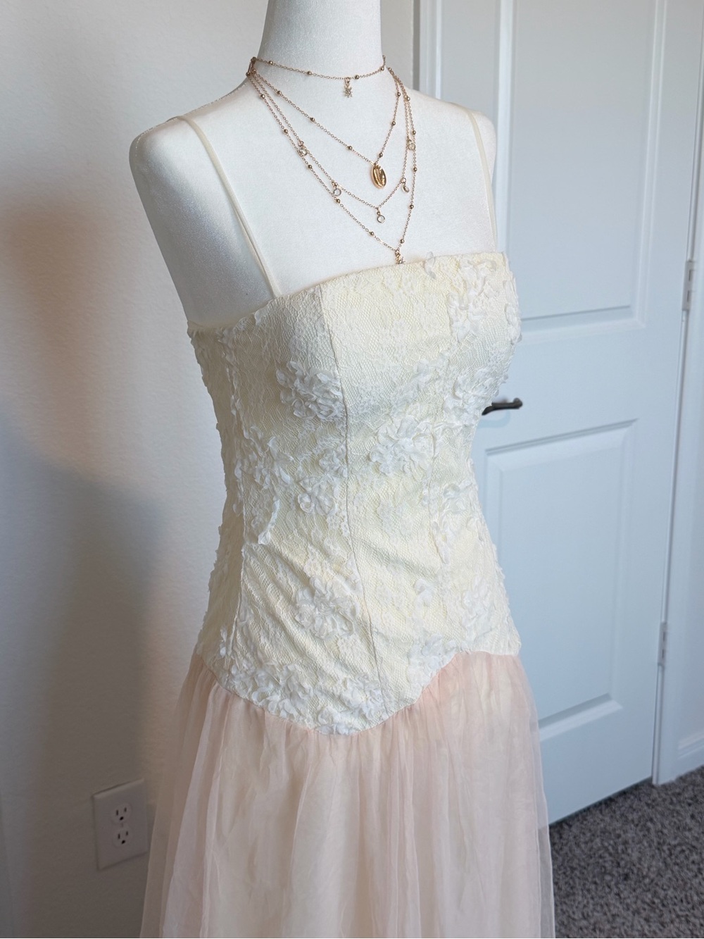 Strapless Two-Tone Lace & Tulle Maxi Dress in Cream and Blush - Picture 2 of 3